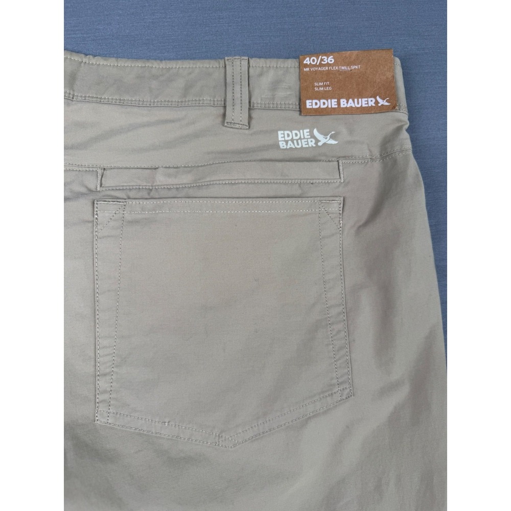 Eddie Bauer Voyager Flex Slim Fit Slim Leg 40x36 Khaki Tan Twill Pant 5 Pkt NWT - Picture 6 of 13
